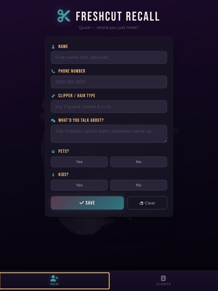 FreshCut Recall form for adding a new person