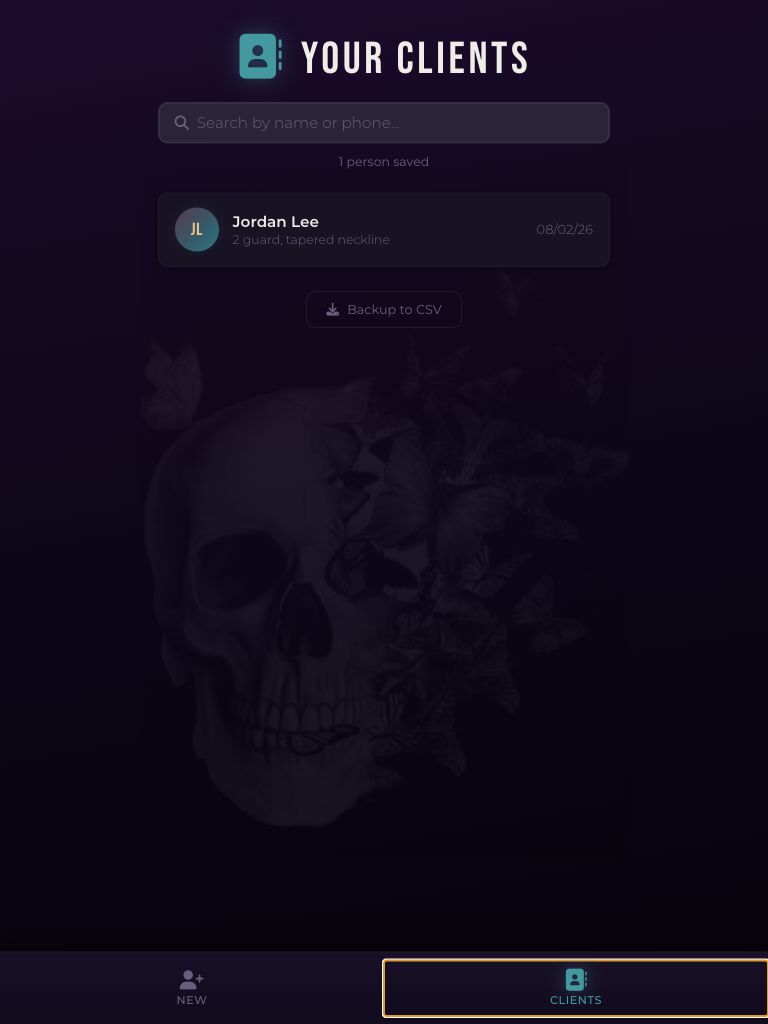 FreshCut Recall saved-client screen showing a fictional client