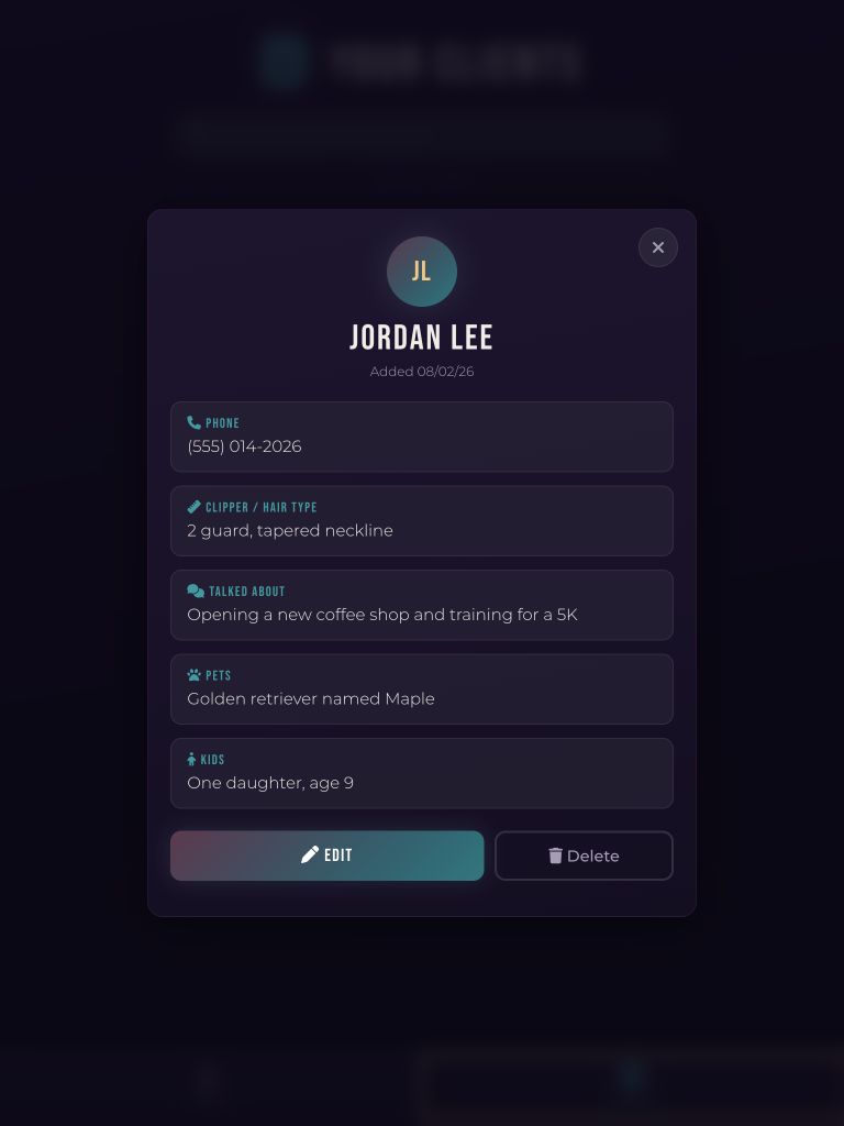 FreshCut Recall profile showing saved details for a fictional client