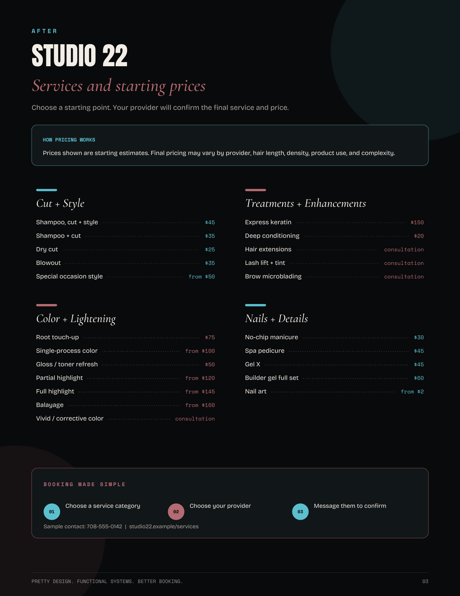 Redesigned Studio 22 service menu with clearer categories and starting prices